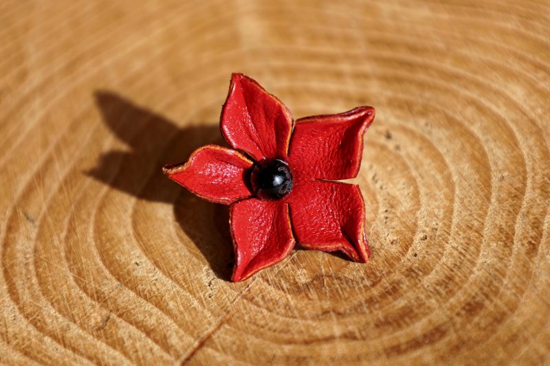 fleur étoilée rouge, cuir végétal, l'âge du cuir, maroquinerie artisanale, dordogne, france