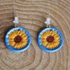 boucles d'oreilles bleues tournesol, cuir végétal, l'âge du cuir, maroquinerie artisanale, dordogne, france