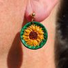 boucles d'oreilles tournesol vert, cuir végétal, l'âge du cuir, maroquinerie artisanale, dordogne, france
