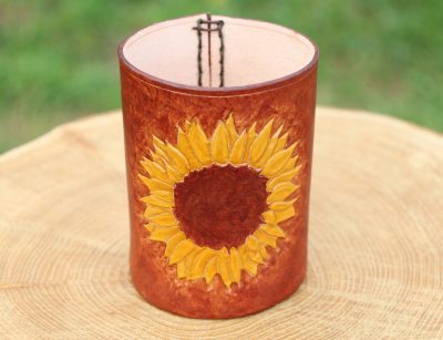 pot à crayons tournesol, cuir végétal, l'âge du cuir, maroquinerie artisanale, dordogne, france