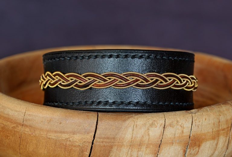 bracelet viking, cuir tressé, sami, tannage végétal, noir or et marron, maroquinerie artisanale éthique et responsable, Dordogne, France