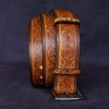ceinture fleurs marron, tannage végétal, l'Âge du Cuir, maroquinerie artisanale éthique et responsable, Dordogne, France